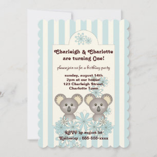 Invitation Jumeaux Oursons Koalas Bleu Pastel Rayures Anniver