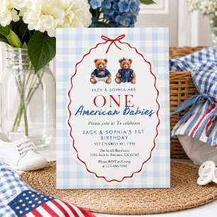Invitation Jumeaux Oursons Teddy Prep à Patriote Navy Gingham