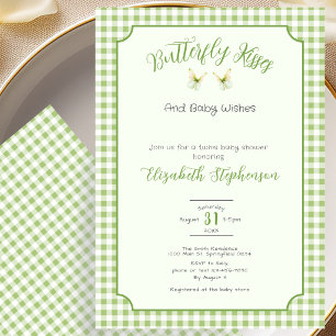 Invitation Jumeaux Papillon Vert Gingham Révélation du Sexe