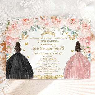 Invitation Jumeaux Quinceañera Princesse Blush Floral Or Noir