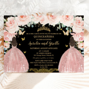 Invitation Jumeaux Quinceañera Princesse Blush Floral Or Noir