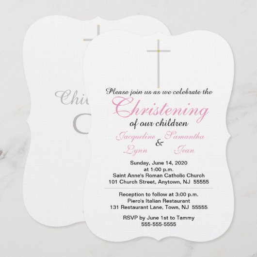 Invitation Jumeaux Rose pour Baptême (Devant / Derrière)