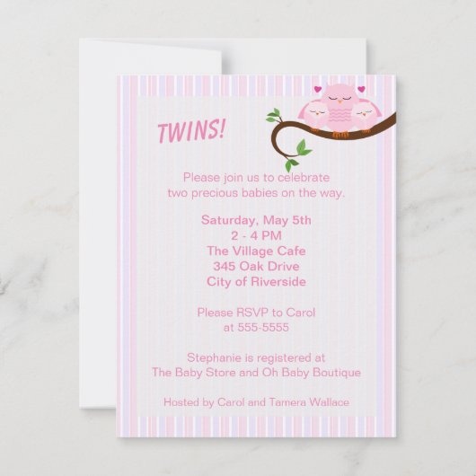 Invitation Jumeaux Roses Chouettes Un Baby shower (Dos)