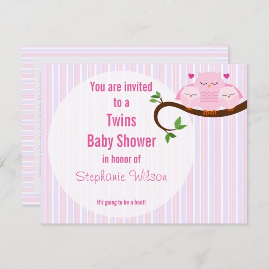 Invitation Jumeaux Roses Chouettes Un Baby shower (Devant / Derrière)