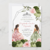 Invitation Jumeaux roses et gris vert Quinceañera géométrique (Devant)