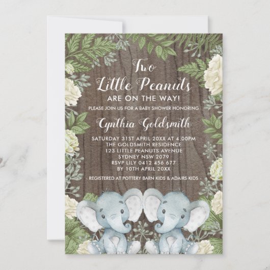 Invitation Jumeaux rustiques Elephant Baby shower de verdure (Devant)