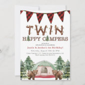Invitation Jumeaux rustiques en bois Un Joyeux Camper Anniver (Devant)