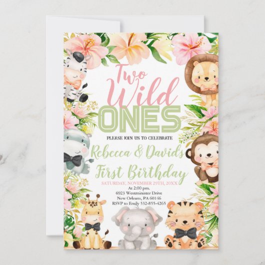 Invitation Jumeaux Safari Anniversaire, Jungle WILD Ones Anim (Devant)
