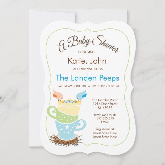 Invitation jumelle de baby shower des oiseaux de (Devant)