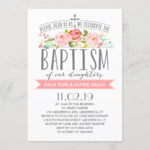 Invitation jumelle rose de baptême de filles de la