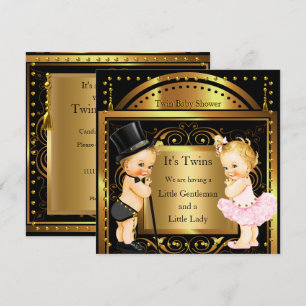 Invitation Jumelles Baby Shower Garçon et Fille Blond Or