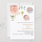 Invitation Jumelles baptême filles fleurs rose gold photo (Devant)