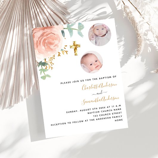 Invitation Jumelles baptême filles fleurs rose gold photo