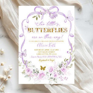 Invitation Jumelles Coquette Florale Violette Papillon Baby S