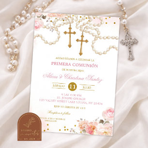 Invitation Jumelles Filles Fleur de Cerisier Rose Chapelet Pr