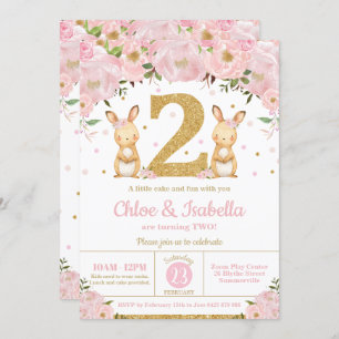 Invitation Jumelles jumelles Bunny Rabbit 2e anniversaire