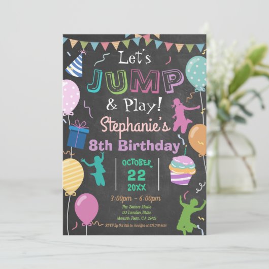 Invitation Jump Birthday Chalkboard Kid Trampoline Party (Debout devant)