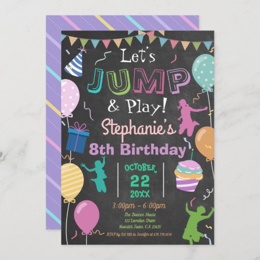 Invitation Jump Birthday Chalkboard Kid Trampoline Party (Devant / Derrière)