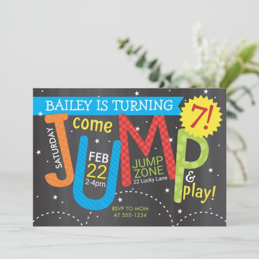 Invitation Jump Birthday Party - Bright on Chalkboard (Debout devant)