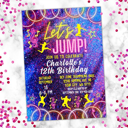 Invitation Jump Bounce Neon Trampoline Park Anniversaire