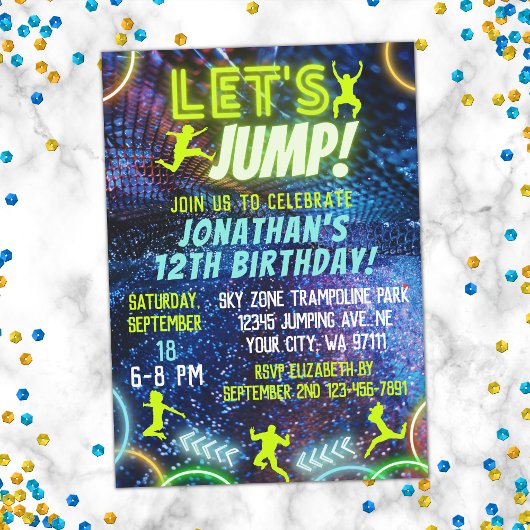 Invitation Jump Bounce Neon Trampoline Park Anniversaire
