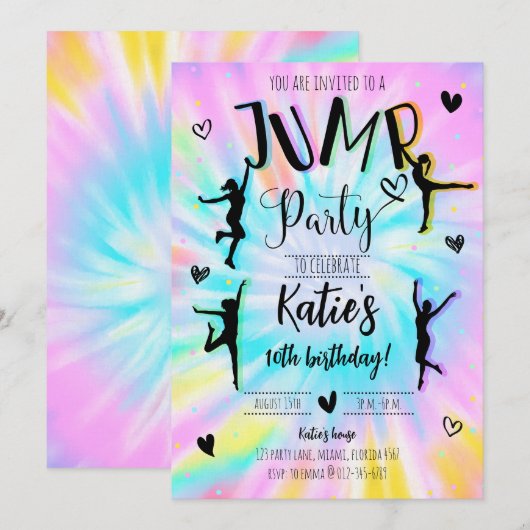 Invitation Jump Girl Tie Dye fête d'anniversaire (Devant / Derrière)