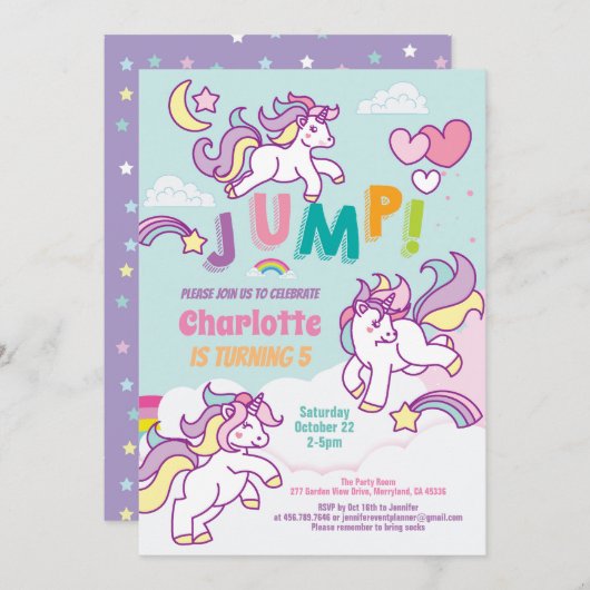 Invitation Jump party unicorne fille anniversaire pastel coul (Devant / Derrière)