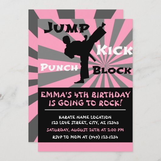 Invitation Jump Punch Kick Block Karate Party Anniversaire (Devant / Derrière)