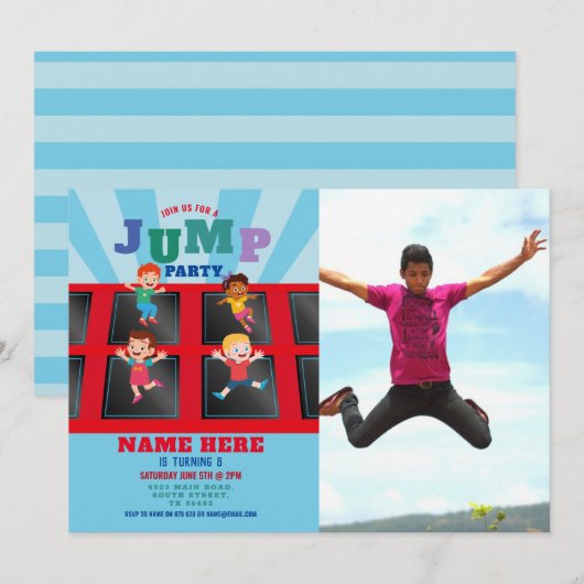 Invitation Jump Trampoline Anniversaire Blue Boys Photo (Devant / Derrière)