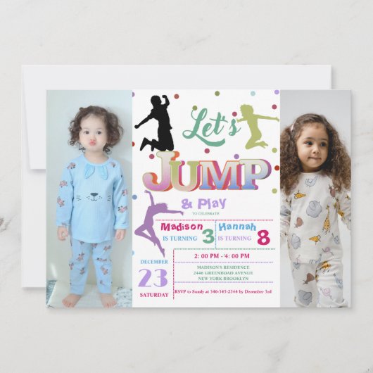 Invitation Jump Trampoline Colorée Double fête d'anniversaire (Devant)