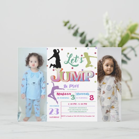 Invitation Jump Trampoline Colorée Double fête d'anniversaire (Debout devant)