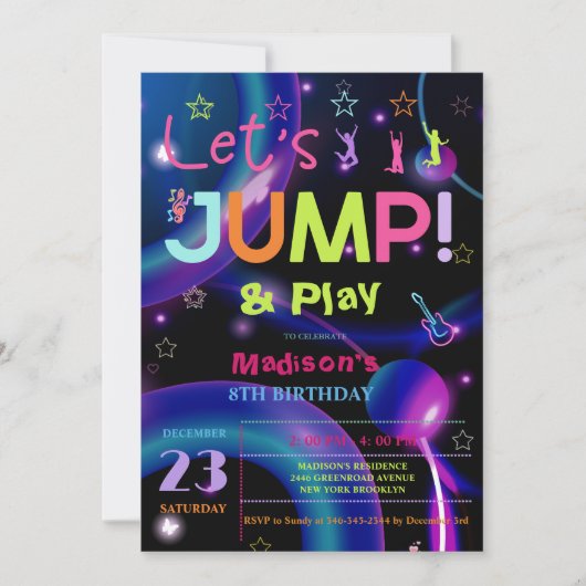 Invitation Jump Trampoline Colorée fille fête d'anniversaire (Devant)