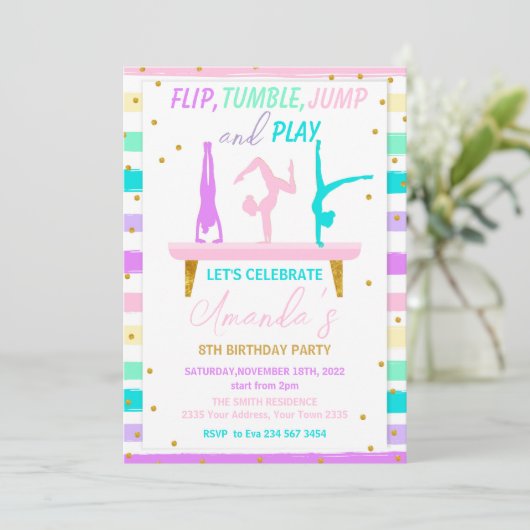 Invitation Jump Tumble and Play Gymnastics Birthday Party (Debout devant)