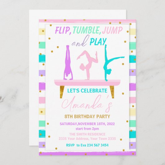 Invitation Jump Tumble and Play Gymnastics Birthday Party (Devant / Derrière)