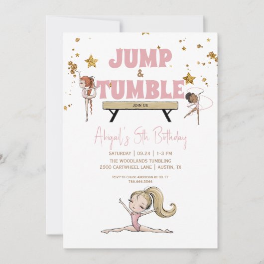 Invitation Jump & Tumble Gymnastique Anniversaire Fête Rose (Devant)