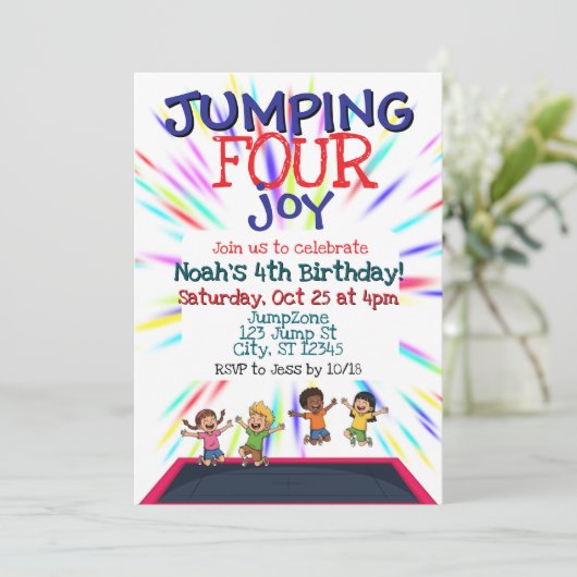 Invitation Jumping FOUR Joy, Trampoline 4th Birthday (Debout devant)