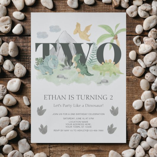 Invitation Jungle 2ème anniversaire Watercolor Dinosaur Party