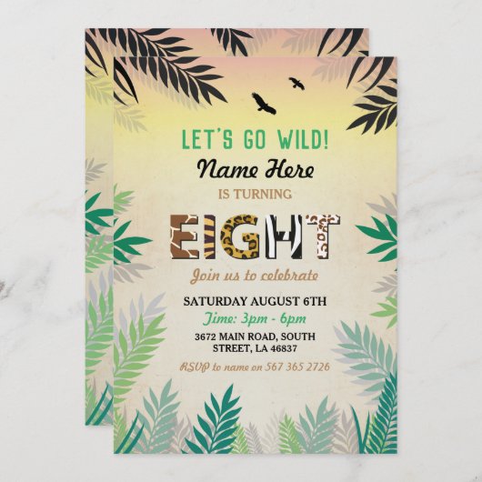 Invitation Jungle 8Anniversaire Huit Parties Safari ZOO Wild (Devant / Derrière)
