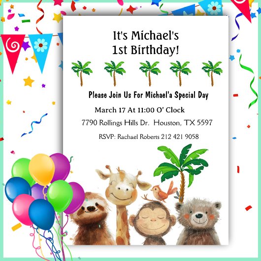 Invitation Jungle Animal 1er fête d'anniversaire