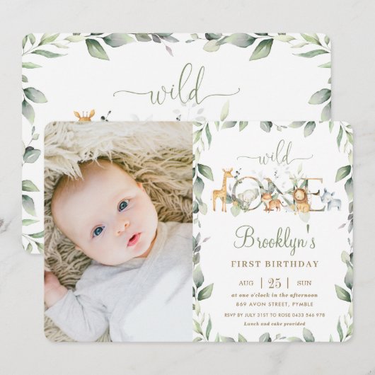 Invitation Jungle Animal Green 1er anniversaire garçon fille (Devant / Derrière)