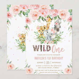 Invitation Jungle Animal Safari Blush Floral 1er anniversaire