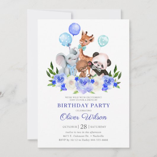 Invitation Jungle Animal Safari Boy Drive Par Anniversaire (Devant)