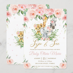 Invitation Jungle Animal Safari rose Blush Floral Sip et voir