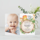 Invitation Jungle Animaux 1er Anniversaire Vert Safari Photo (Debout devant)