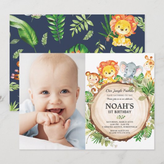 Invitation Jungle Animaux 1er Anniversaire Vert Safari Photo (Devant / Derrière)