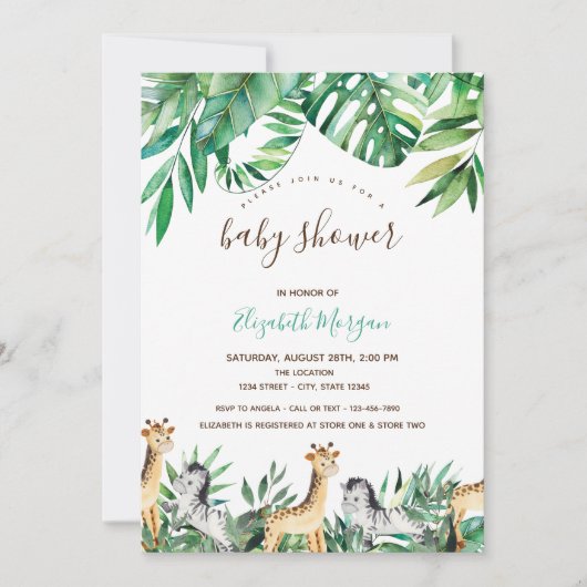 Invitation Jungle Animaux Baby shower Feuille tropical (Devant)
