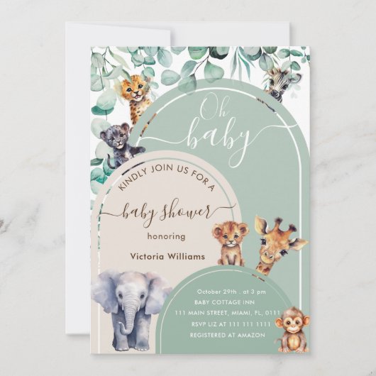 Invitation Jungle Animaux Baby shower vert Boho (Devant)