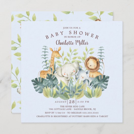 Invitation Jungle Animaux Baby showers garçons (Devant / Derrière)
