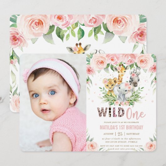 Invitation Jungle Animaux Blush Floral 1er Anniversaire Photo (Devant / Derrière)