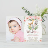Invitation Jungle Animaux Blush Floral 1er Anniversaire Photo (Debout devant)